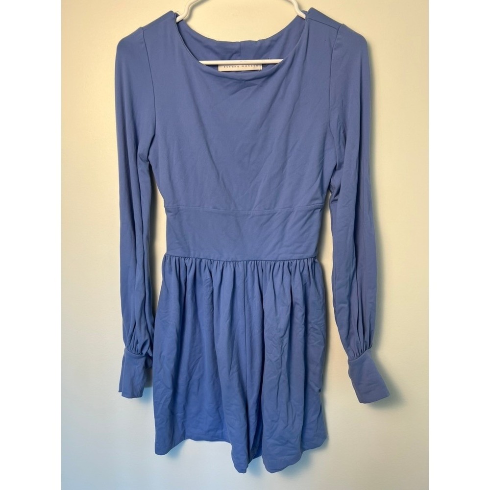 Susana Monaco Romper W Sm Blue Long Sleeve Open Back Chic Elegant Puff Sleeve